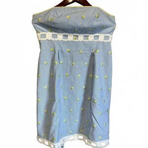 Lilly Pulitzer Strapless Blue Dress Yellow Floral Embroidery White Crochet Trim